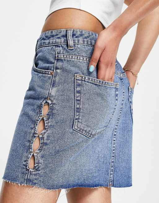 Topshop - Minigonna di jeans con cut-out e aperture a goccia blu medio, 2 di 4