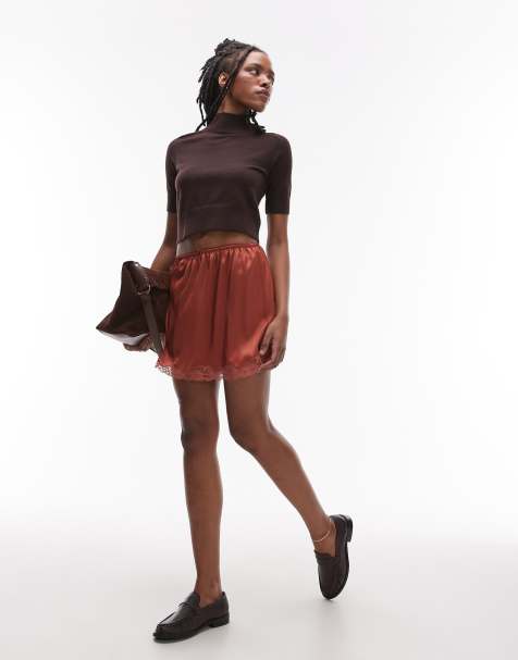 Topshop - Minigonna effetto sottogonna in raso e pizzo color chutney - view 1