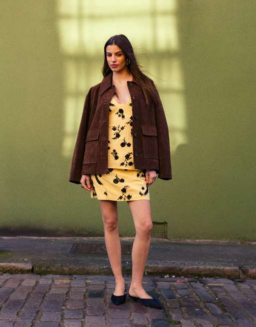 Topshop - Minigonna gialla in lino con decorazioni in coordinato