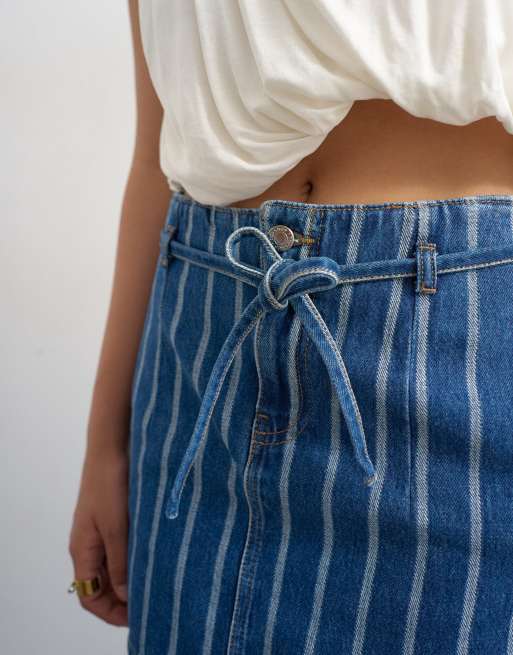 Topshop - Minigonna in denim blu a righe con allacciatura e pinces, 4 di 5