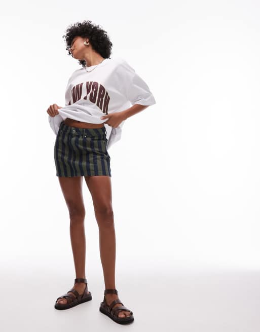 Topshop - Minigonna in denim color kaki a righe con peplo