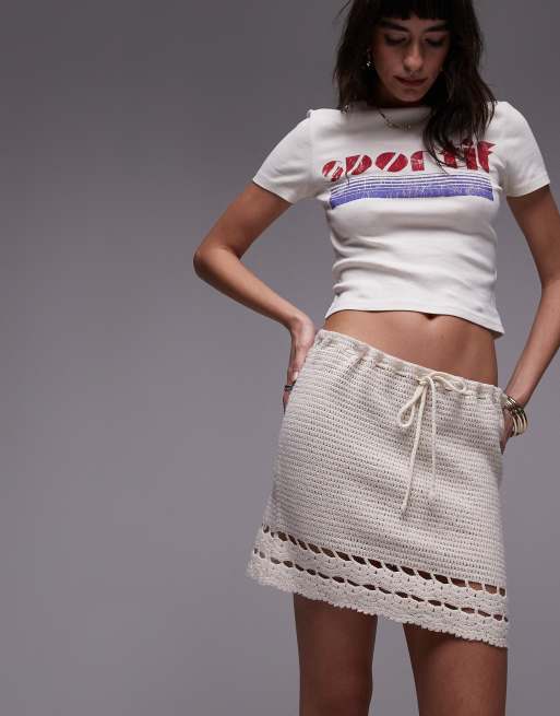 Topshop - Minigonna in maglia color pietra con finiture all'uncinetto