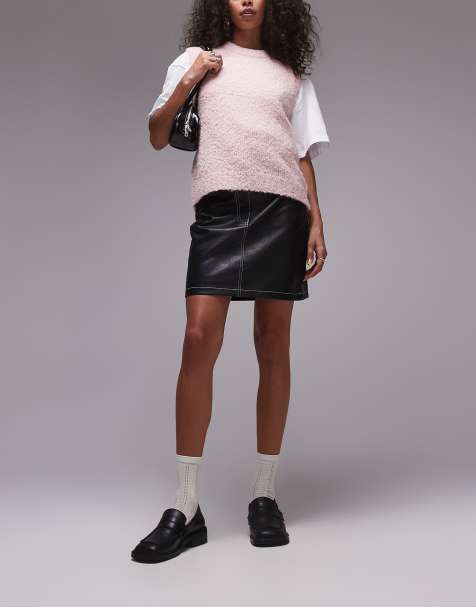 Topshop - Minigonna in pelle sintetica nera con cuciture a contrasto - view 1