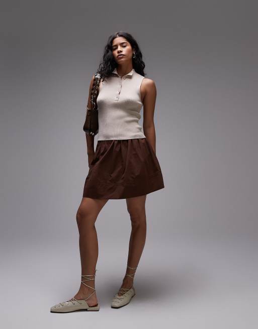 Topshop - Minigonna in popeline color cioccolato
