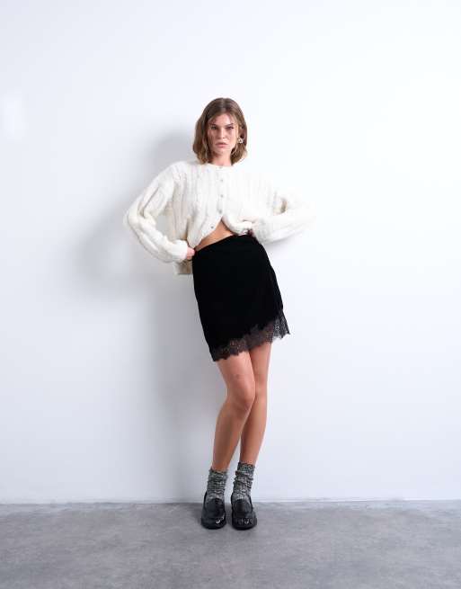 Topshop - Minigonna in velluto e pizzo nera, 2 di 5