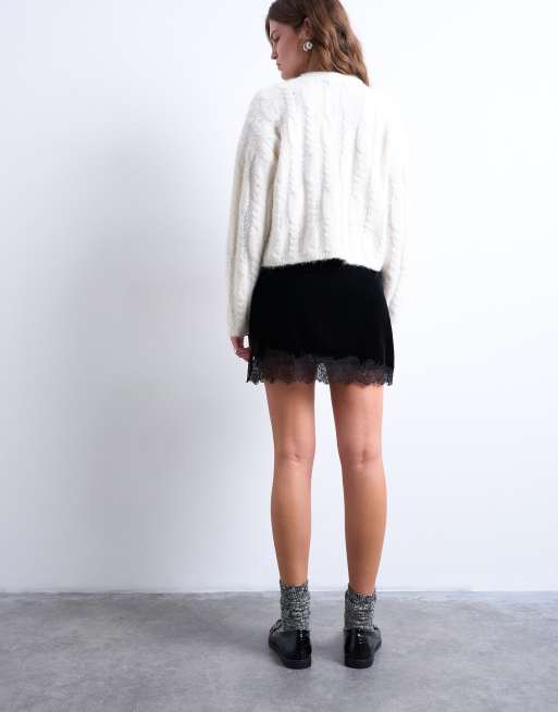Topshop - Minigonna in velluto e pizzo nera, 4 di 5