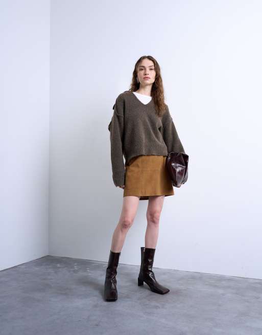 Topshop - Minigonna in vero camoscio color caramello con cuciture