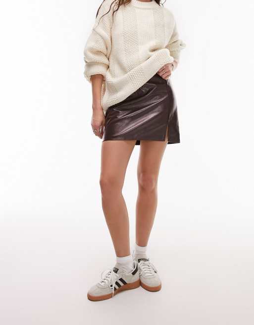 Topshop Minigonna in vinile color cioccolato con spacco ASOS