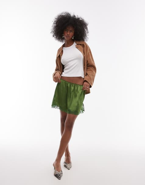 Topshop - Minigonna stile sottogonna verde a vita medio alta in pizzo e raso - view 1