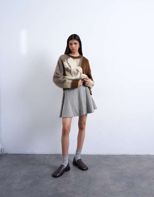 Topshop - Minigonna svasata taglio morbido in maglia monocromatica a spina di pesce