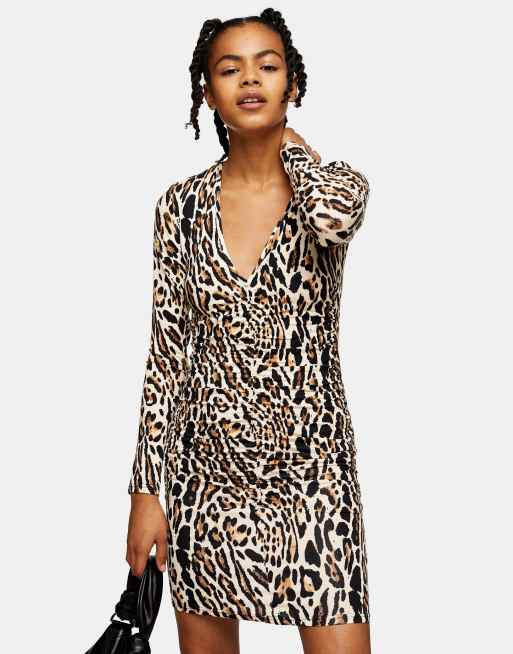 Topshop minikjole i leopardprint med rynket front