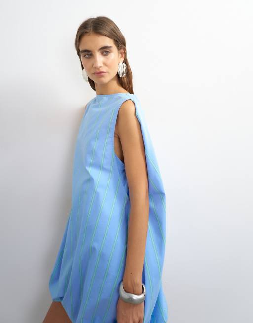 Topshop minikjole med cape og bubble i vævet blå og mintstribe, 3 af 4