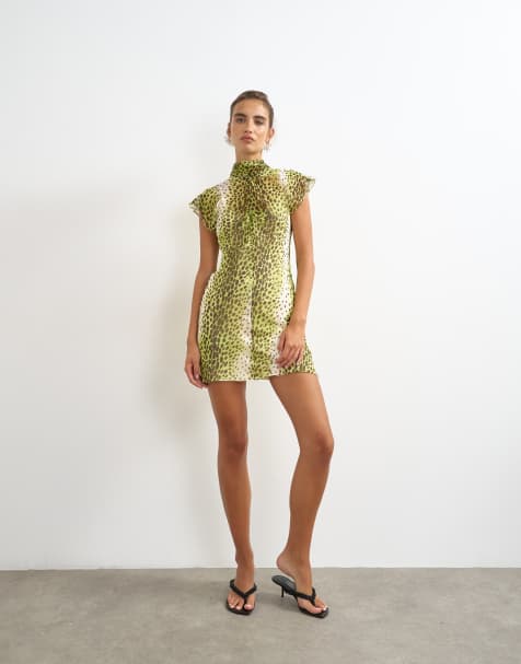 Topshop minikjole med chiffon og tørklædedetalje i gul dyreprint - view 1