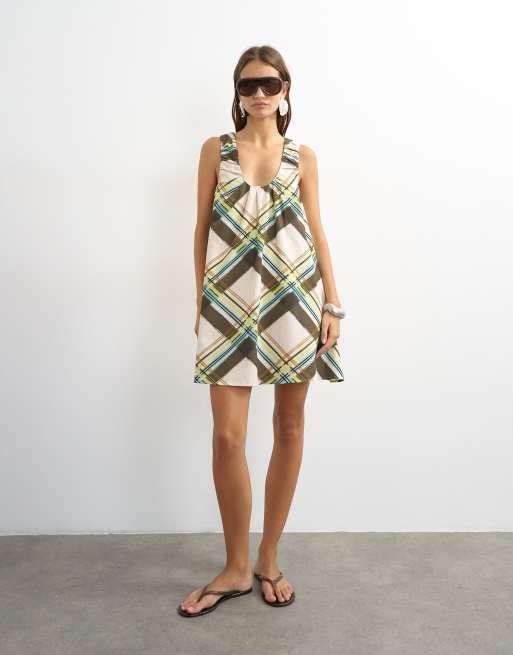 Topshop minikjole med rynket hals og ternet print i flere farver, 2 af 4