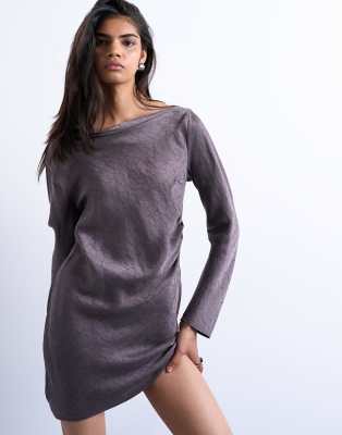 Topshop - Minikleid aus Cupro-Jacquard in Anthrazit-Malve mit drapiertem Ausschnitt-Brown