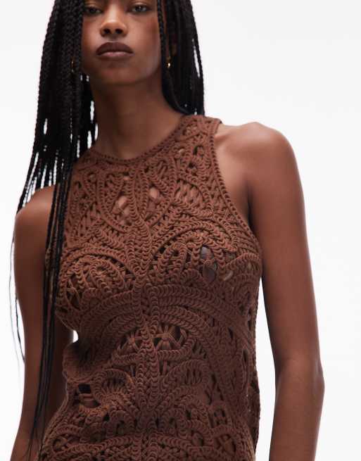 Topshop – Minikleid aus hochwertigem Häkelstrick in Schokobraun, 2 von 4