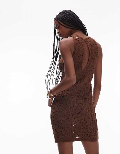 Topshop – Minikleid aus hochwertigem Häkelstrick in Schokobraun, 4 von 4