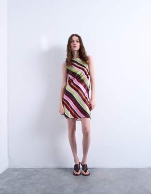 Topshop - Minikleid aus Satin in grün und rosa gestreift mit Cut-out am Rücken-Bunt