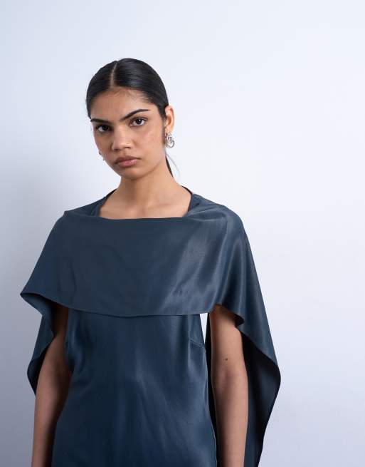 Topshop – Minikleid aus Satin in Marineblau mit Schaldesign am Ausschnitt, 4 von 4