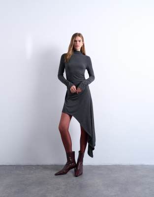 Topshop - Minikleid in Anthrazit mit hohem Ausschnitt und asymmetrischem Saum-Grau