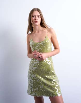 Topshop - Minikleid in Avocadogrün mit U-Ausschnitt und Pailletten