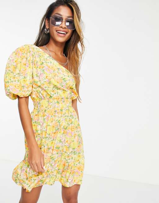 Topshop – Minikleid in Gelb mit Blumenmuster und One-Shoulder-Träger - YELLOW, 2 von 4