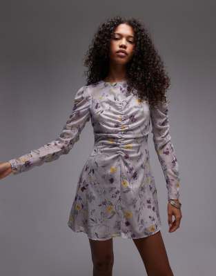 Topshop - Minikleid in Grau mit geraffter Vorderseite und Vintage-Blumenmuster