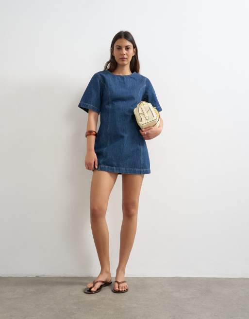 Topshop – Minikleid in Mittelblau mit U-Boot-Ausschnitt und strukturierten Ärmeln, 2 von 4