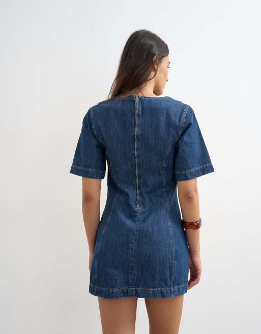 Topshop – Minikleid in Mittelblau mit U-Boot-Ausschnitt und strukturierten Ärmeln, 3 von 4