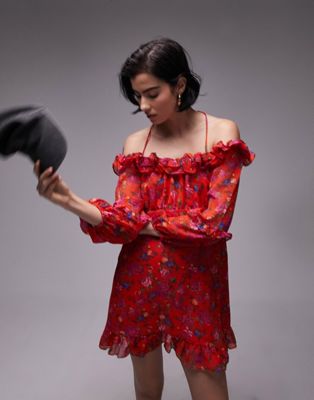 Topshop – Minikleid in Rot mit Blumenmuster und Carmenausschnitt