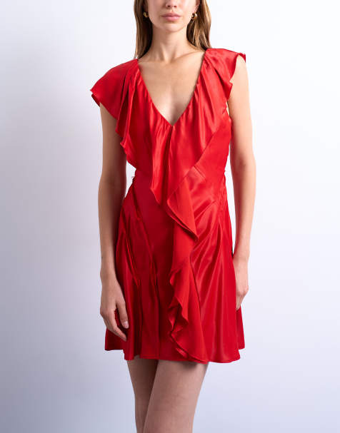 Topshop – Minikleid in Rot mit ungesäumten Rüschen - view 1