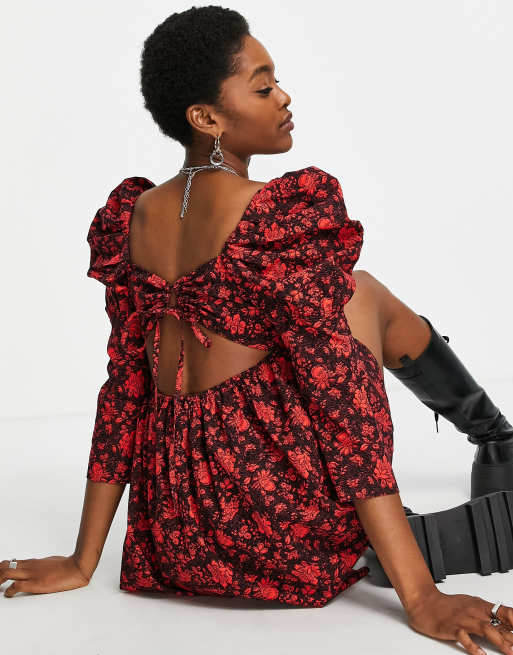 Topshop – Minikleid in Rot mit voluminösen Ärmeln und Blumenmuster