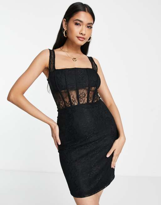 Topshop – Minikleid in Schwarz mit Korsettdetail und Spitzeneinsätzen