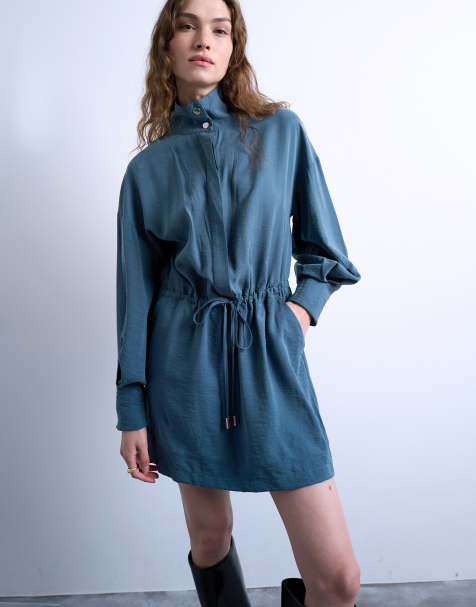 Topshop – Minikleid in Staubblau mit Stehkragen - view 1