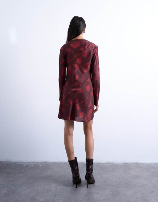 Topshop – Minikleid in Weinrot mit drapiertem Ausschnitt und Blumenmuster, 3 von 4