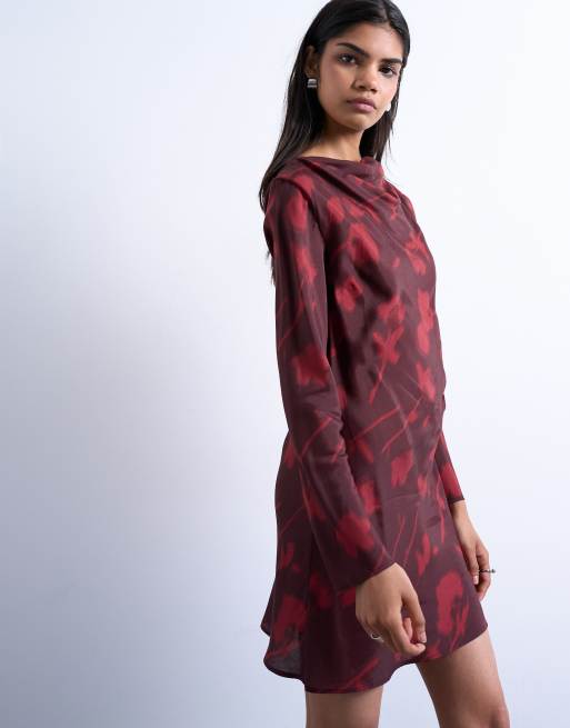 Topshop – Minikleid in Weinrot mit drapiertem Ausschnitt und Blumenmuster, 4 von 4