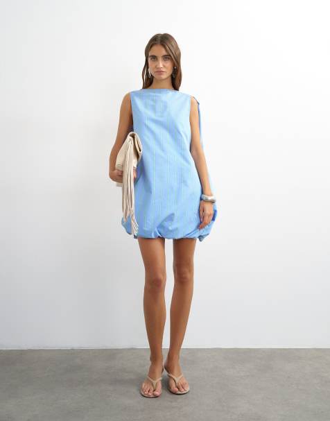 Topshop Minikleid mit Cape-Ärmeln aus Baumwolle in gewebtem Blau-Mint-Streifenmuster - view 1