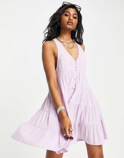 Topshop – Minikleid mit Knopfleiste und Knitteroptik in Fliederlila