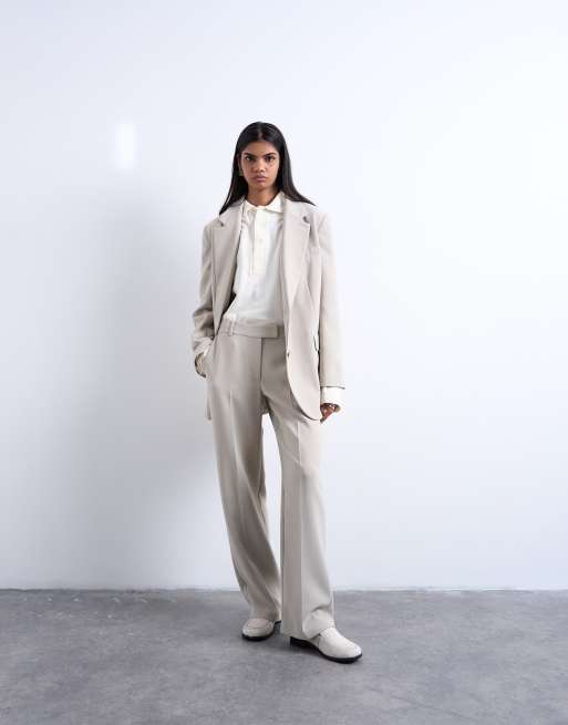 Topshop - Minimalistische rechte broek met halfhoge taille in stone, deel van co-ord set