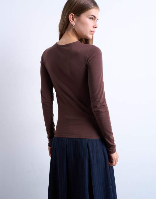Topshop - Minimalistische top met lange mouwen in chocoladebruin, 3 van 4