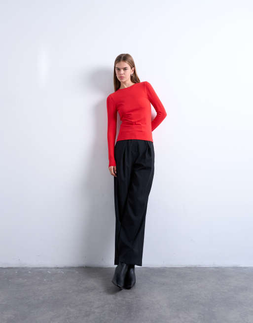 Topshop - Minimalistische top met lange mouwen in rood, 2 van 4