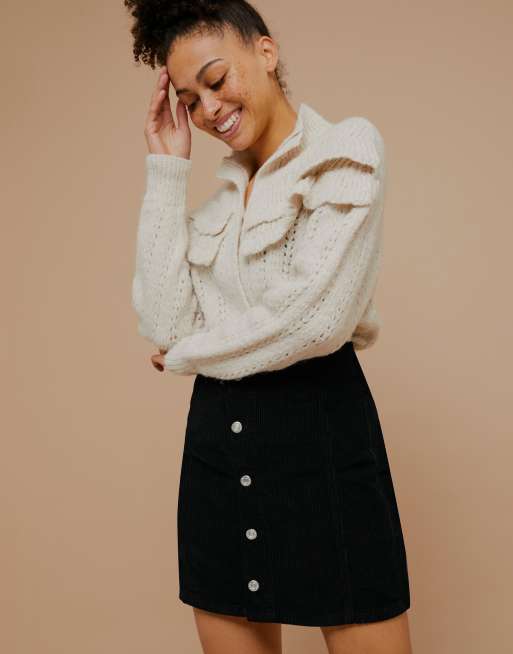 Topshop – Minirock aus Cord mit Knopfleiste vorne in Schwarz