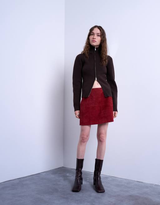 Topshop – Minirock aus echtem Wildleder in Burgunderrot, Kombiteil, 2 von 5