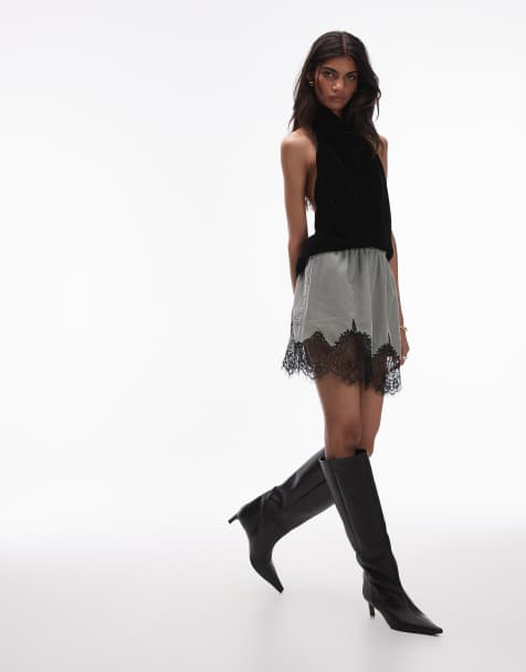Topshop - Minirok van fluweel met zwart kant in zilvergroen - view 1