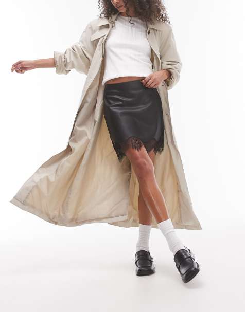 Topshop - Minirok van imitatieleer met kanten zoom in zwart - view 1