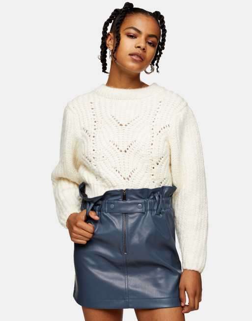 Topshop - Minirok van kunstleer met ritssluiting en geplooide taillerand in blauw