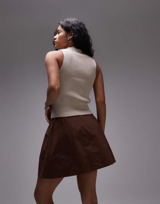 Topshop - Minirok van popeline in chocoladebruin, 4 van 5