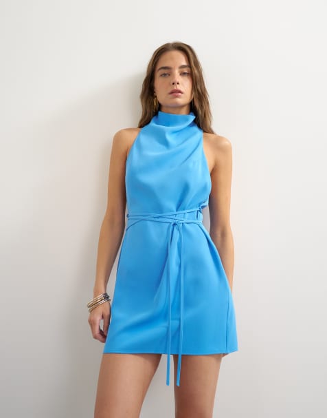 Topshop - minivestido de crepé grueso con cuello drapeado alto y cintura con lazo en azul aciano - view 1