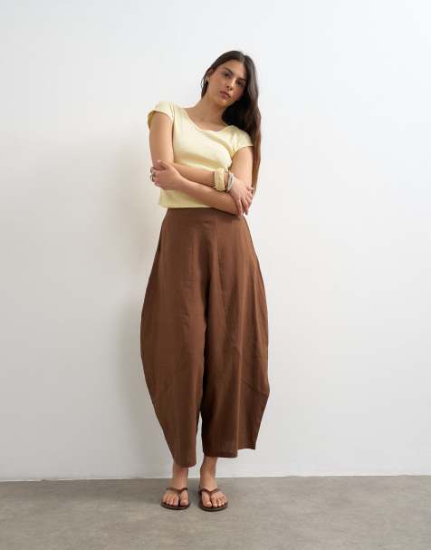 Topshop – Mittellange Oversize-Hose aus Leinen in Schokobraun mit ovalem Beinschnitt - view 1