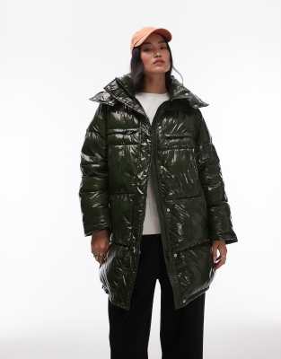 Topshop - Mittellange Pufferjacke in Dunkelgrün mit Kapuze